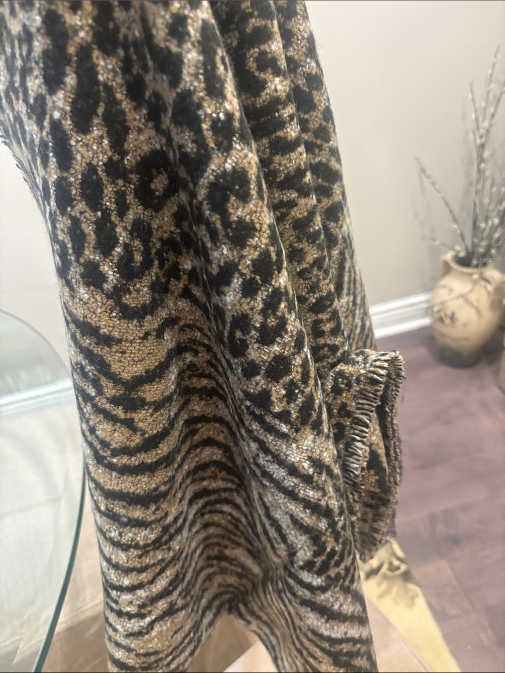 Michael Kors Black Brown Cream Animal Stripe Fringe Shawl - Picture 5 of 6